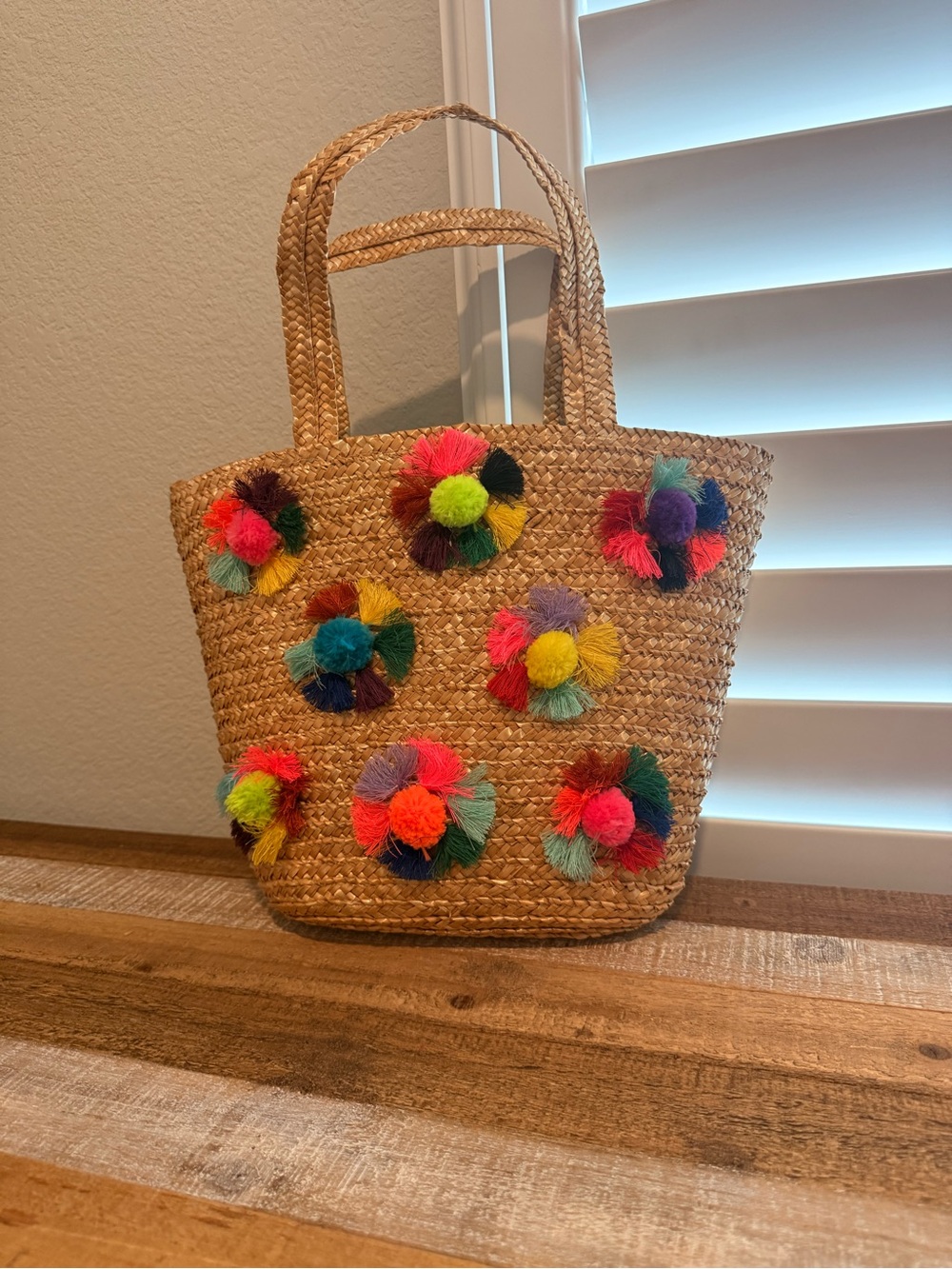 Pom Pom Straw Tote Bag and Matching Hat - Natural with Multicolor Accents